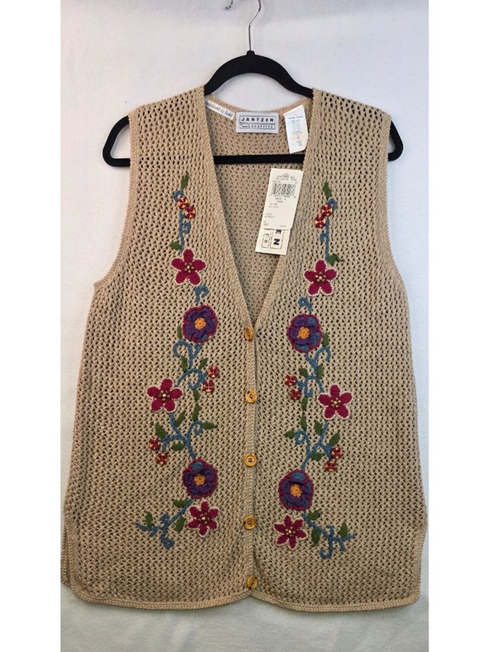Vintage 90s Jantzen Crochet Cardigan Vest M Beige Embroidery Cottagecore Prairie